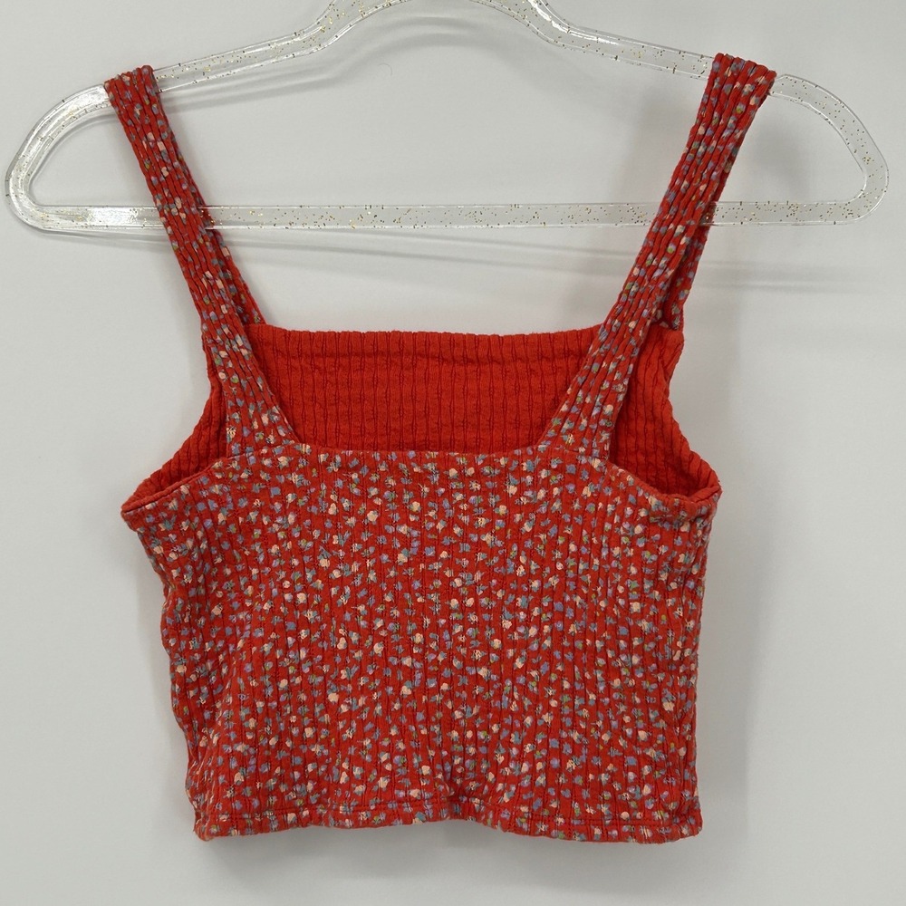 American Eagle Red Floral Ditsy Crop Top Small Square Neck Pointelle Cotton Cami - Picture 4 of 7